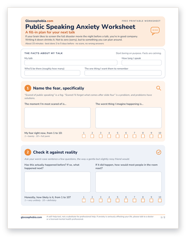 Page 1 of the free Glossophobia public speaking anxiety worksheet